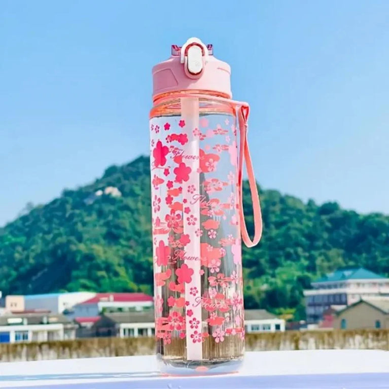 800ML Trendy Printed Space Straw Water Bottle with Portable Strap