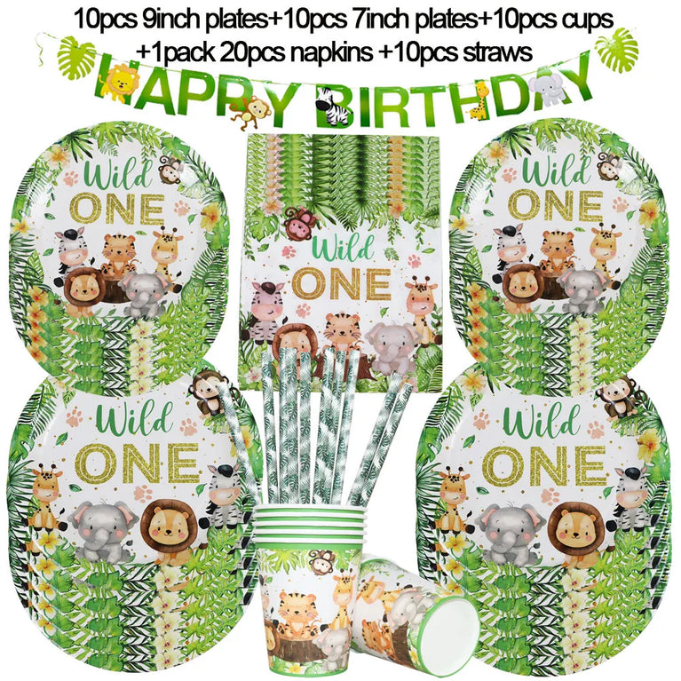 Wild One Animals Jungle Safari Birthday Disposable Tableware Set