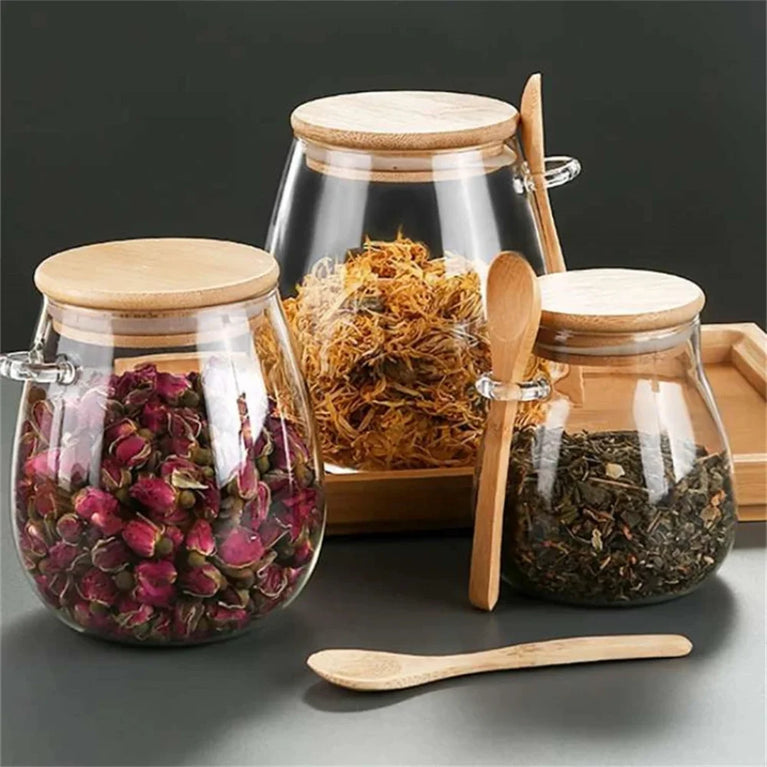 Airtight Glass Storage Jar with Bamboo Lid for Coffee Tea Spice Storage Containers