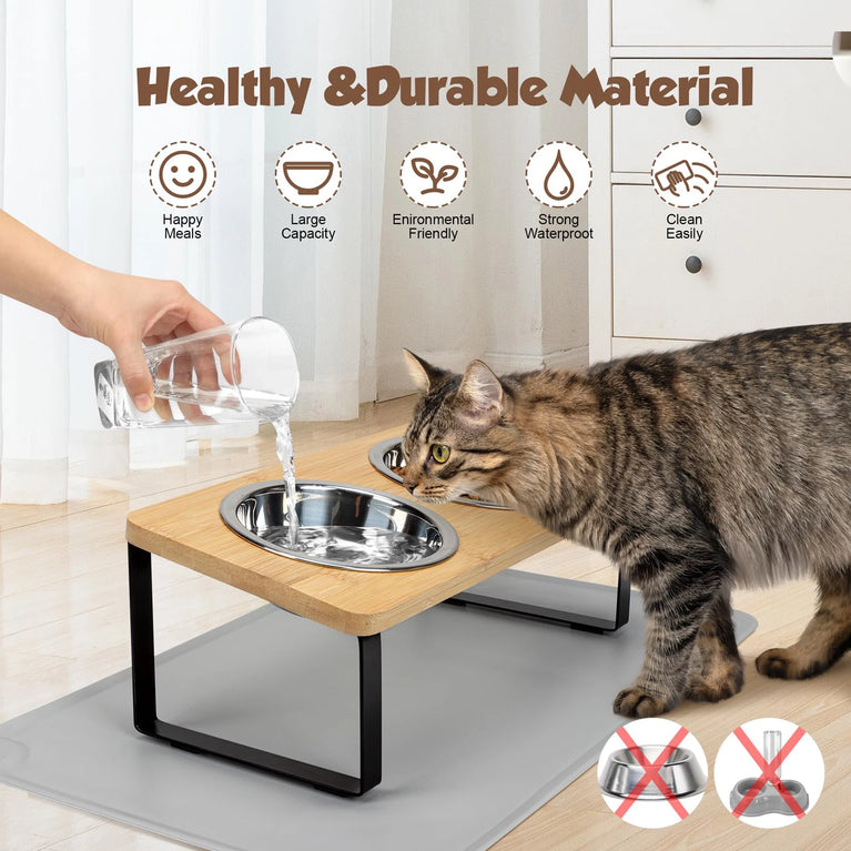 15° Tilted Raised Cat Bowls with Wooden Stand and 3 Steel Dishes