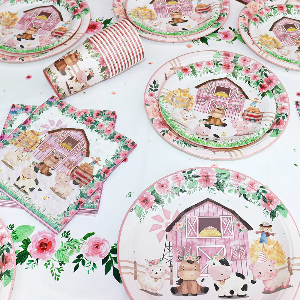 Pink Farm Animals Birthday Disposable Tableware Set-Baby Shower Decor