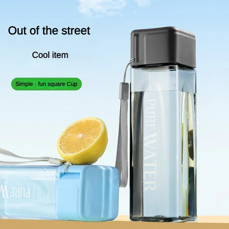 500ML Clear Square Portable Plastic Water Bottle With Rope Carry Design