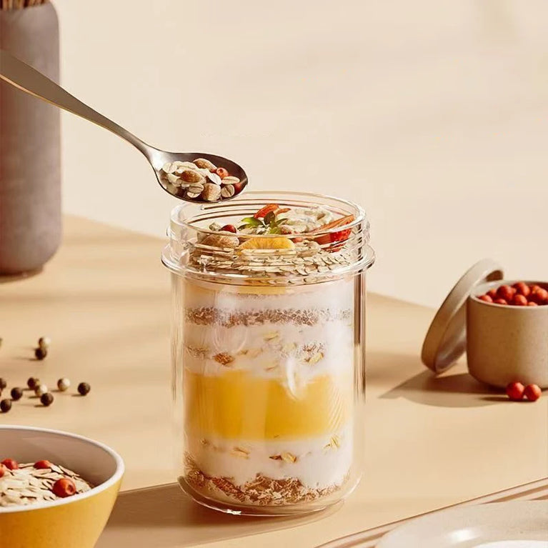 Glass Yogurt Breakfast Cup With Lid Spoon Overnight Oats Container Jar