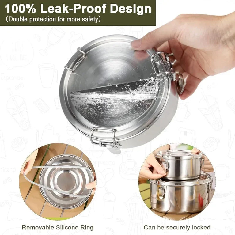 Stainless Steel Fresh Keep Round Sealed Lunch Box Buckle Food Container Fruit Salad Organizer for Refrigerator Storage