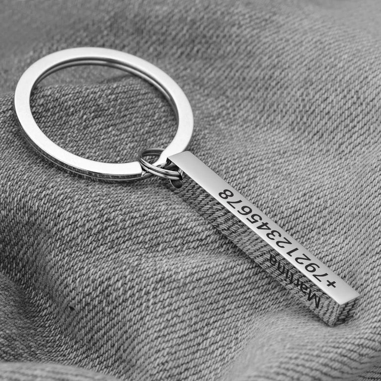 3D Bar Stainless Steel Personalized Keychain | Custom Engraved 4-Side Keyring