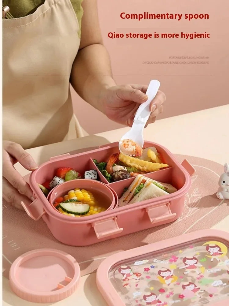 1000/1350ml Cartoon Lunch Box Leakproof Bento Container with Soup Bowl Portable Food Storage Box