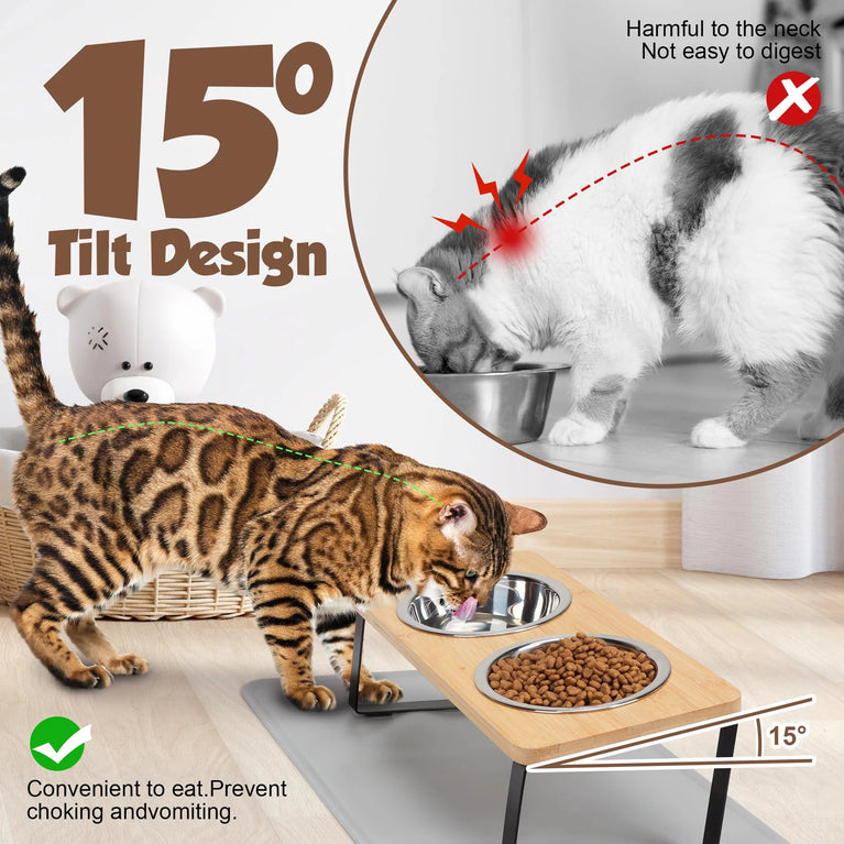 15° Tilted Raised Cat Bowls with Wooden Stand and 3 Steel Dishes