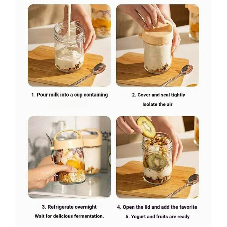 Glass Yogurt Breakfast Cup With Lid Spoon Overnight Oats Container Jar