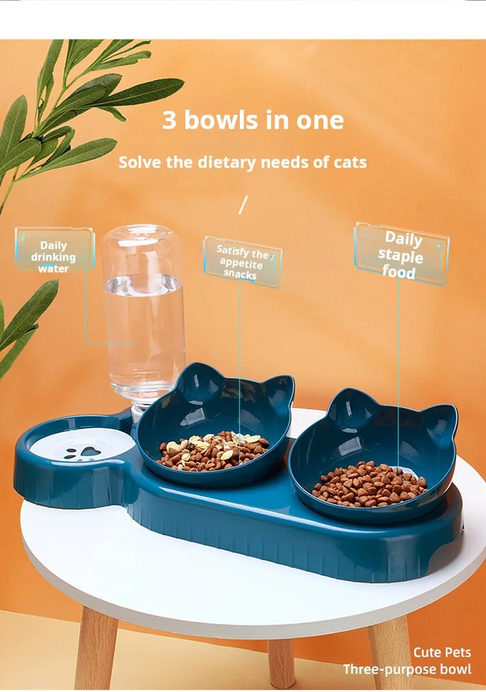 3 in 1 Tilted Cat Bowl Set with Water Feeder Raised Design