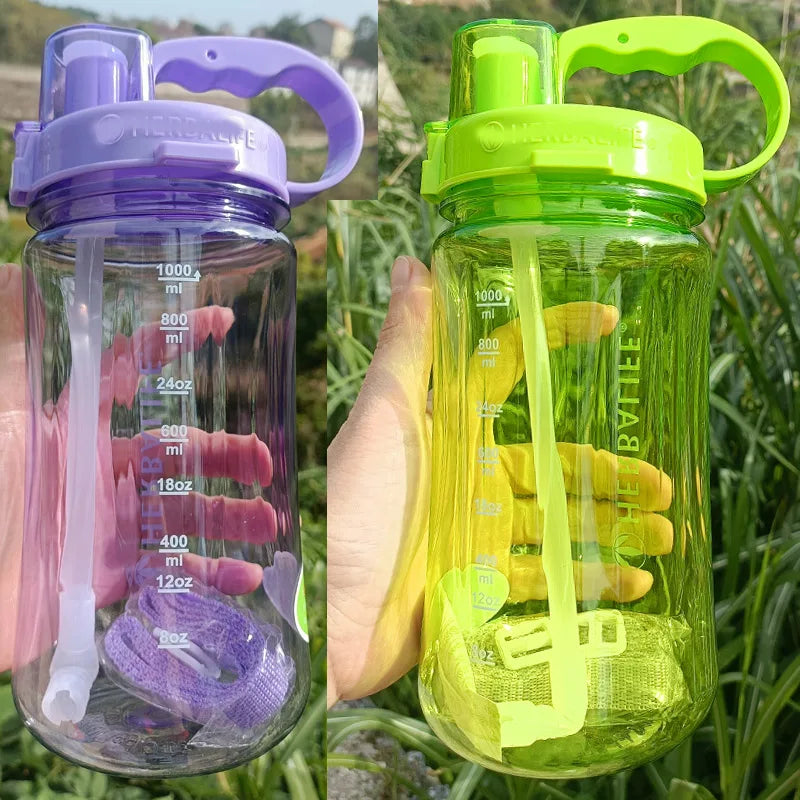 1000ml Transparent Straw Strap Bounce Button Sports Water Bottle 1L Leakproof Handgrip Gym Hydration Bottle