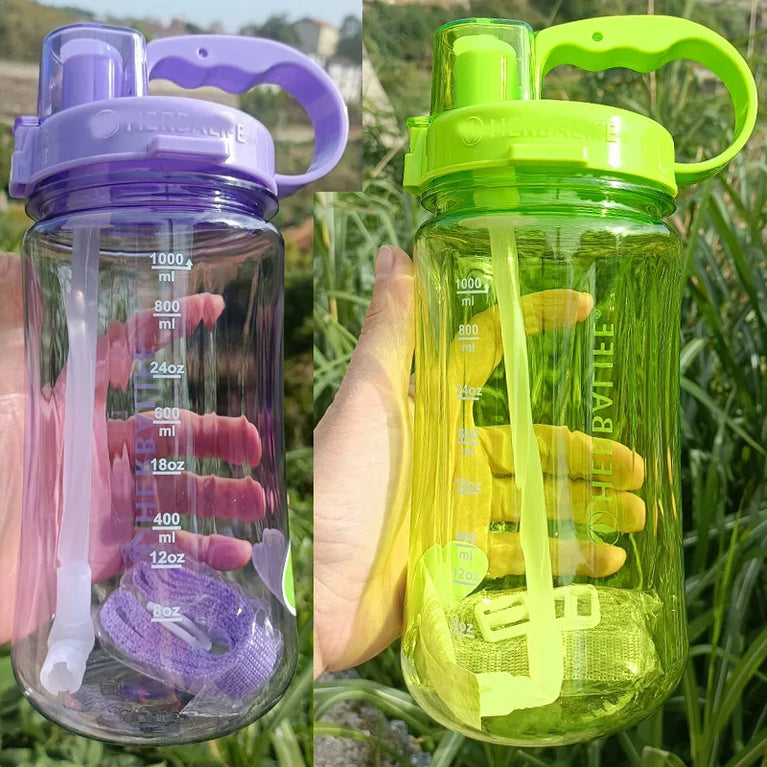 1000ml Transparent Straw Strap Bounce Button Sports Water Bottle 1L Leakproof Handgrip Gym Hydration Bottle