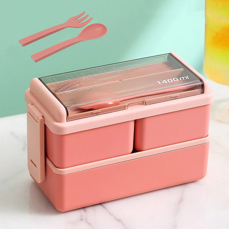 Double Layer Portable Lunch Box with Spoon & Fork Leakproof Microwave Container
