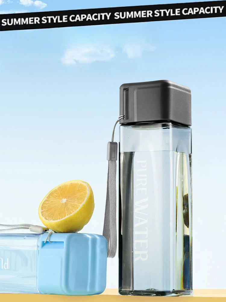 500ML Clear Square Portable Plastic Water Bottle With Rope Carry Design