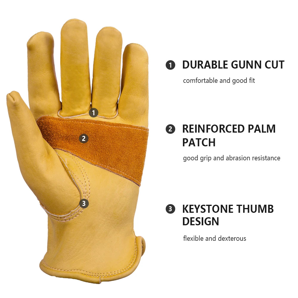 Cowhide Leather Gardening Gloves Reinforced Palm Tough Work Use