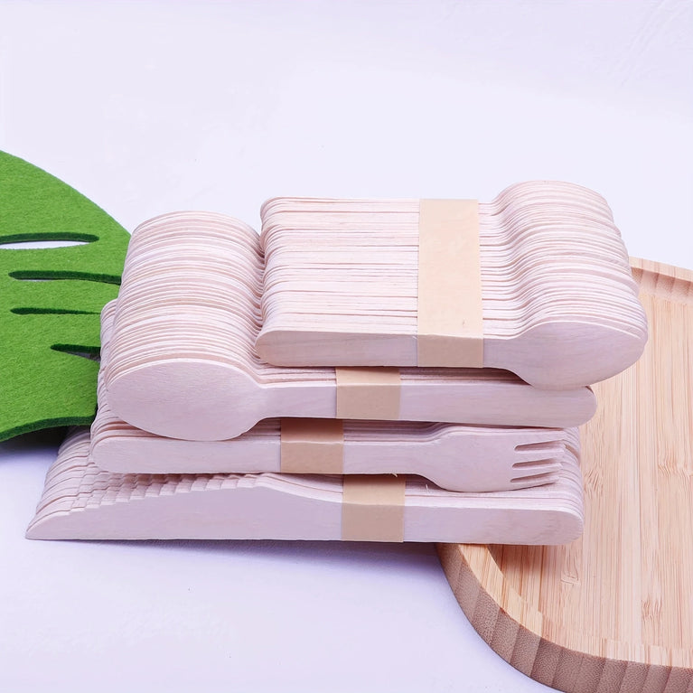 200 Pcs Disposable Wooden Tableware Set with Forks Spoons & Teaspoons