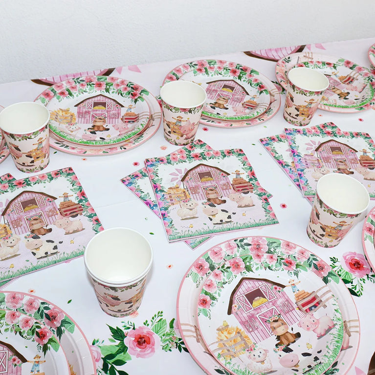 Pink Farm Animals Birthday Disposable Tableware Set-Baby Shower Decor