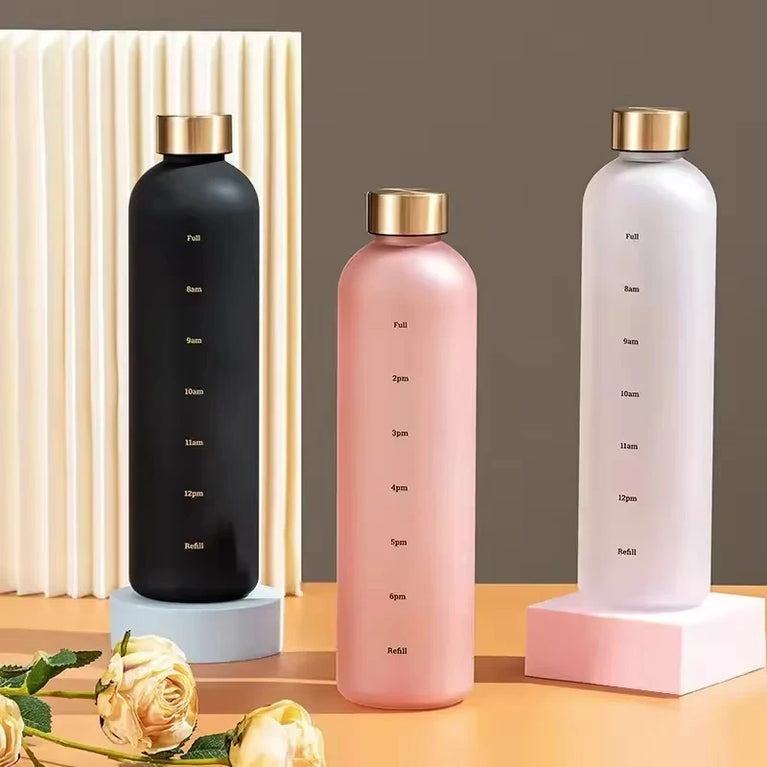 1L Water Bottle with Time Marker Leakproof BPA-Free Fitness Sports Outdoor Travel Hydration Bottle with Straw
