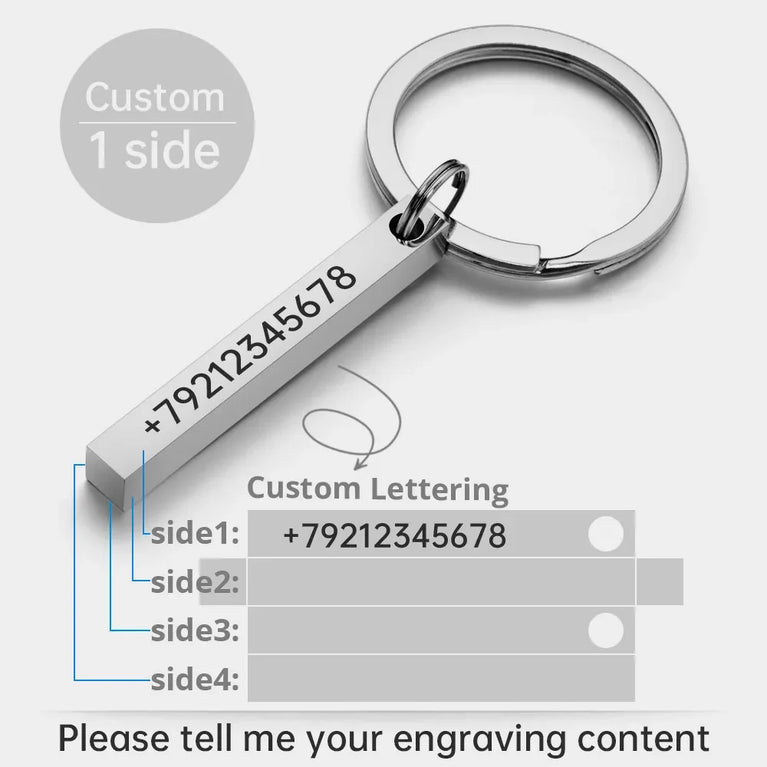 3D Bar Stainless Steel Personalized Keychain | Custom Engraved 4-Side Keyring