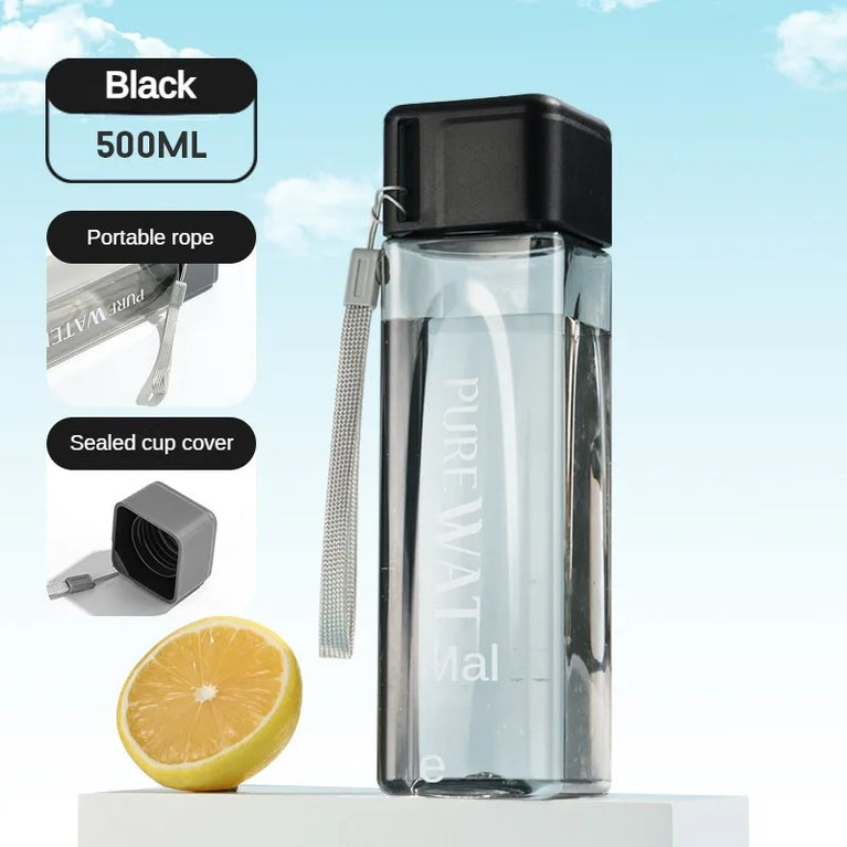 500ml Clear Square Portable Drinking Water Bottle with Rope Leakproof Plastic PC Outdoor Sports Hydration Bottle