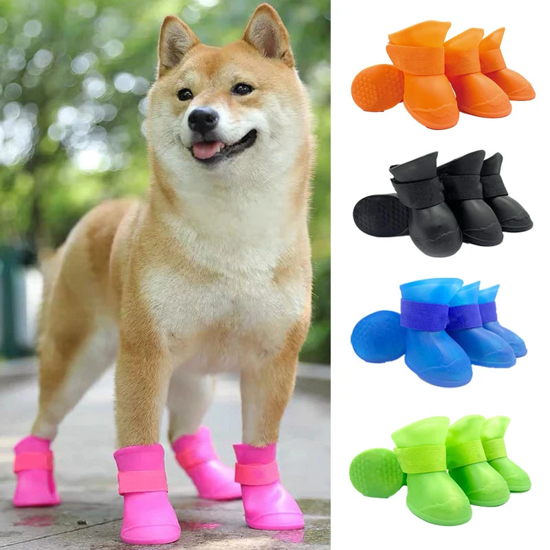 4-Piece Waterproof Pet Rain Boots | Anti-Slip Rubber Shoes