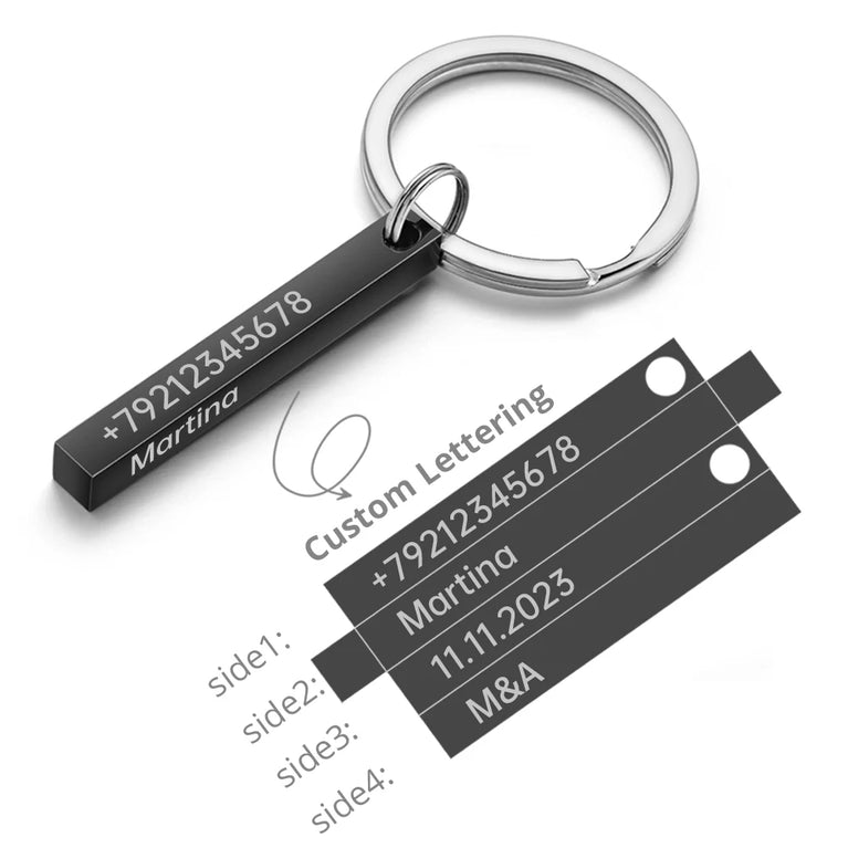 3D Bar Stainless Steel Personalized Keychain | Custom Engraved 4-Side Keyring