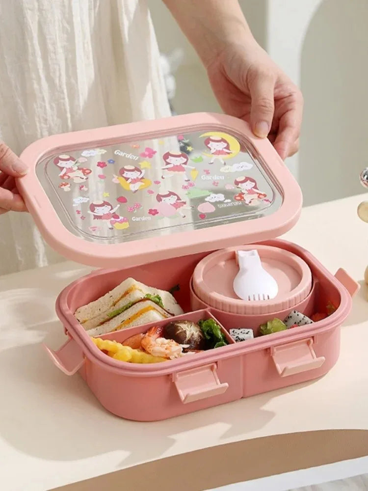 1000/1350ml Cartoon Lunch Box Leakproof Bento Container with Soup Bowl Portable Food Storage Box