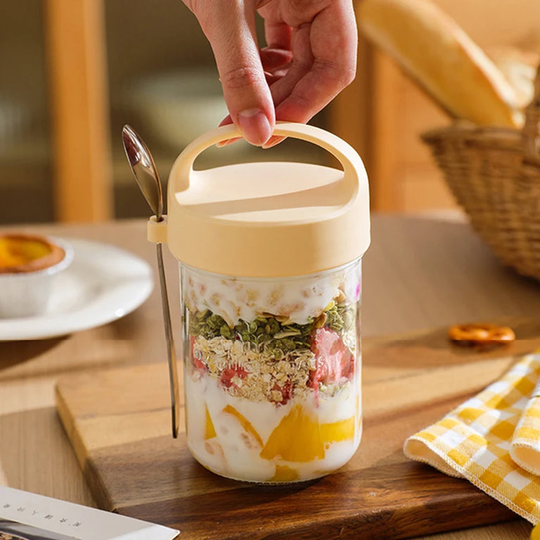 Glass Yogurt Breakfast Cup With Lid Spoon Overnight Oats Container Jar