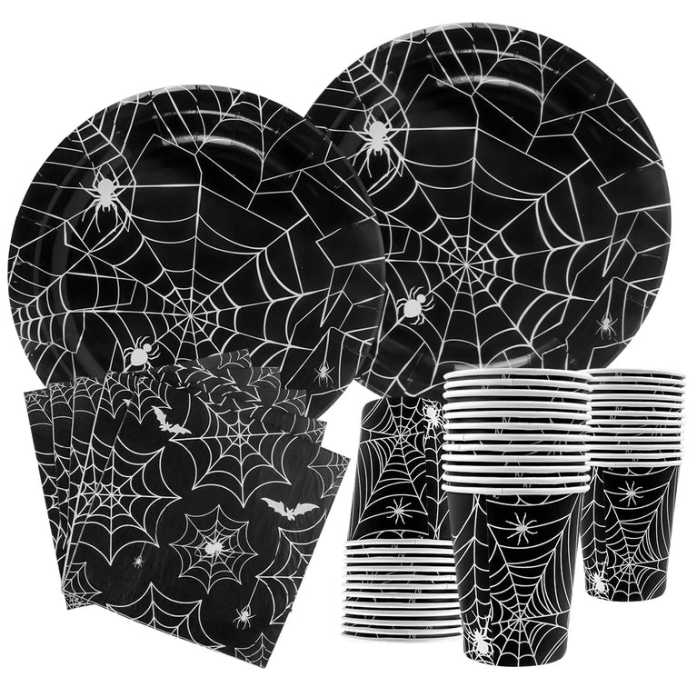 Halloween Spider Web Disposable Tableware Set Black Plates Cups Napkins Party Decoration