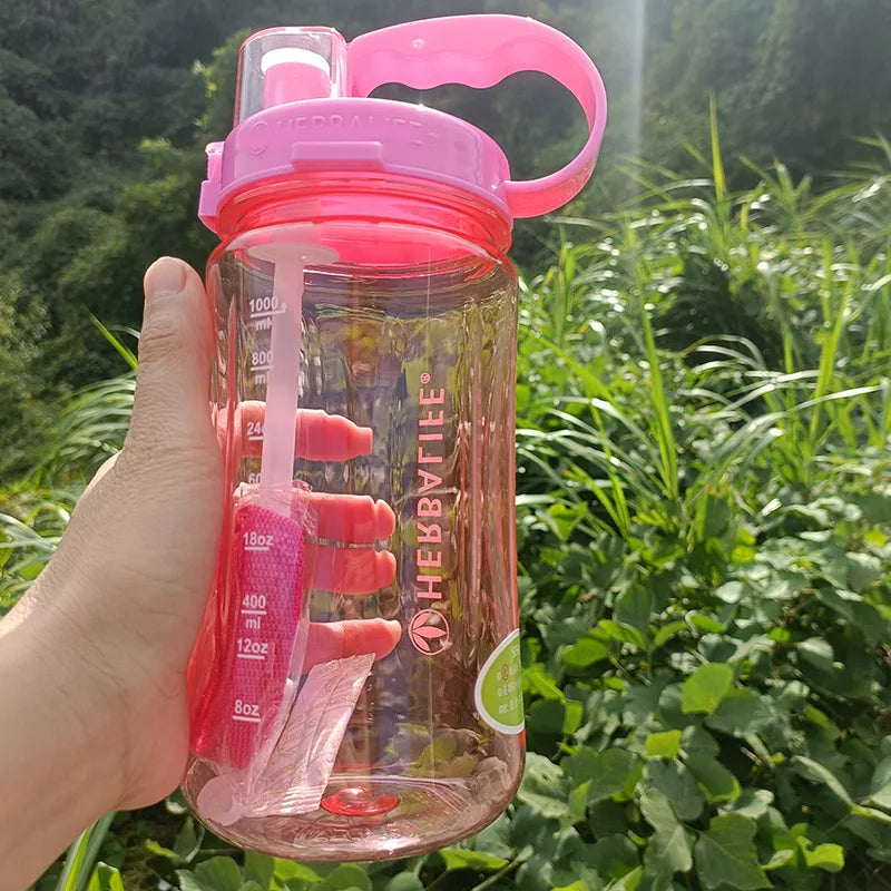 1000ml Transparent Straw Strap Bounce Button Sports Water Bottle 1L Leakproof Handgrip Gym Hydration Bottle