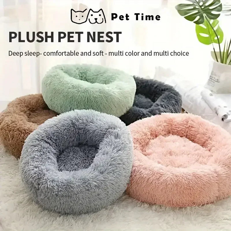 Round Plush Cat Bed Nest Soft Faux Fur Cozy Non-Slip Pet Bed