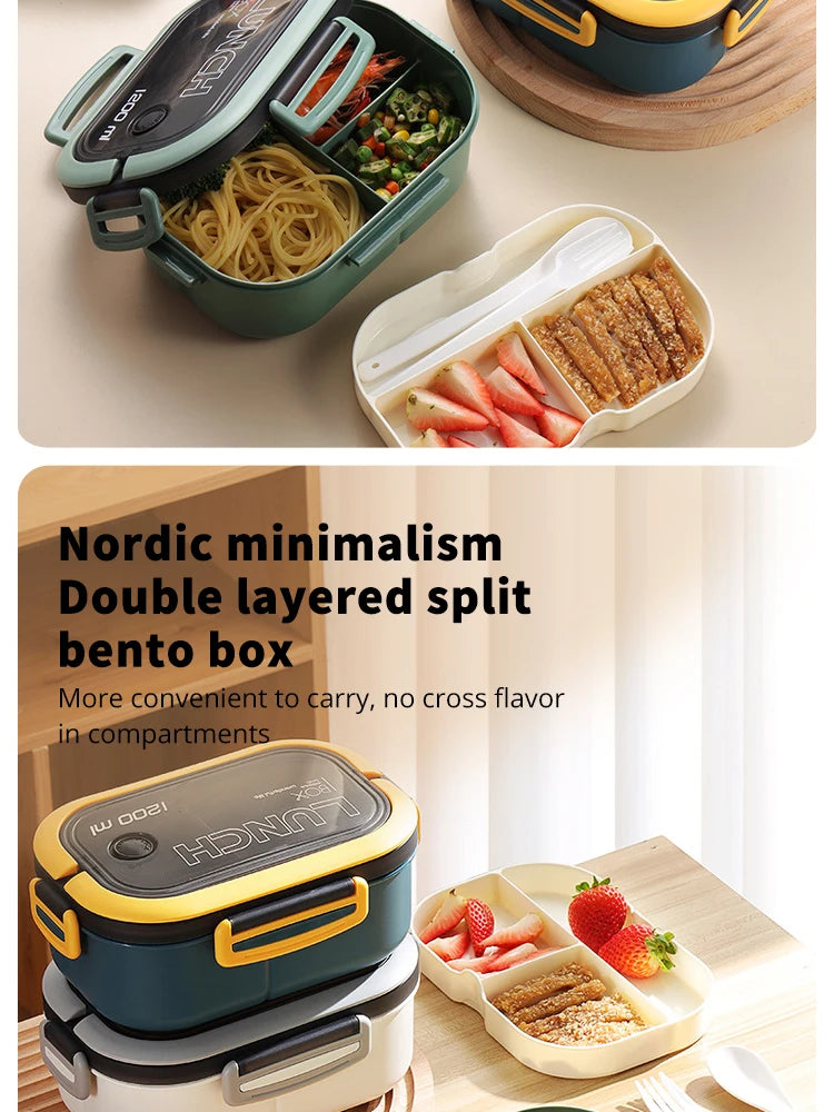 Double Layer Microwave Lunch Box Portable Plastic Food Container with Fork and Spoon Set