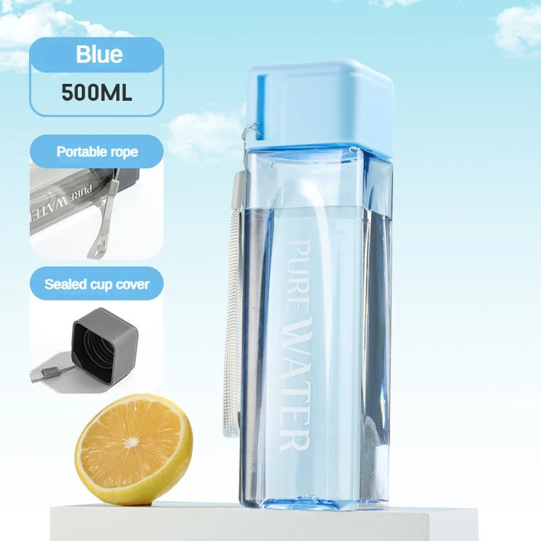 500ml Clear Square Portable Drinking Water Bottle with Rope Leakproof Plastic PC Outdoor Sports Hydration Bottle