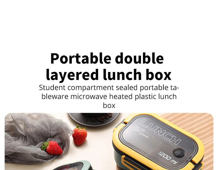 Double Layer Microwave Lunch Box Portable Plastic Food Container with Fork and Spoon Set