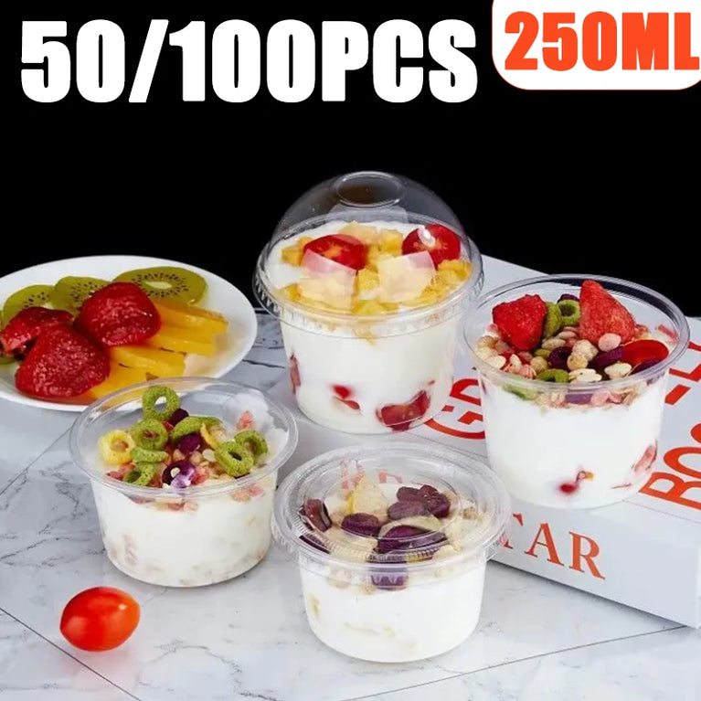 250ML TRANSPARENT DISPOSABLE SALAD CUP DESSERT CUP WITH DOME LID 50/100PCS PARTY BOWL CONTAINER