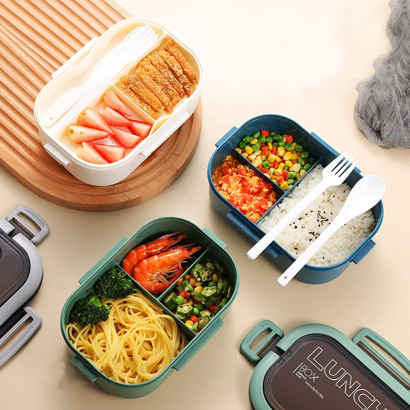 Double Layer Microwave Lunch Box Portable Plastic Food Container with Fork and Spoon Set