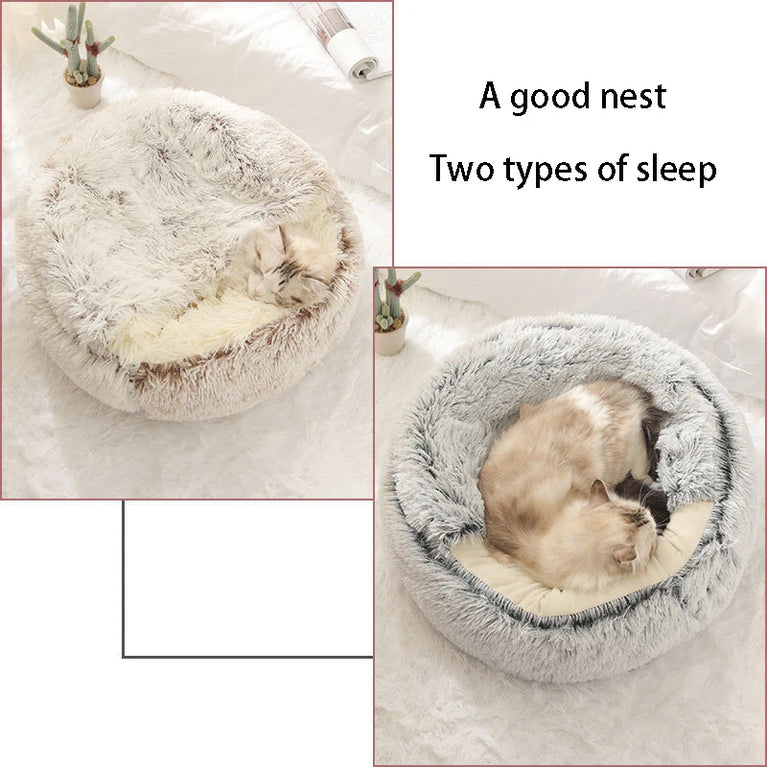 Soft Plush Round Pet Bed Cave 2in1 Warm Cat Dog Sleeping Nest Cozy Home