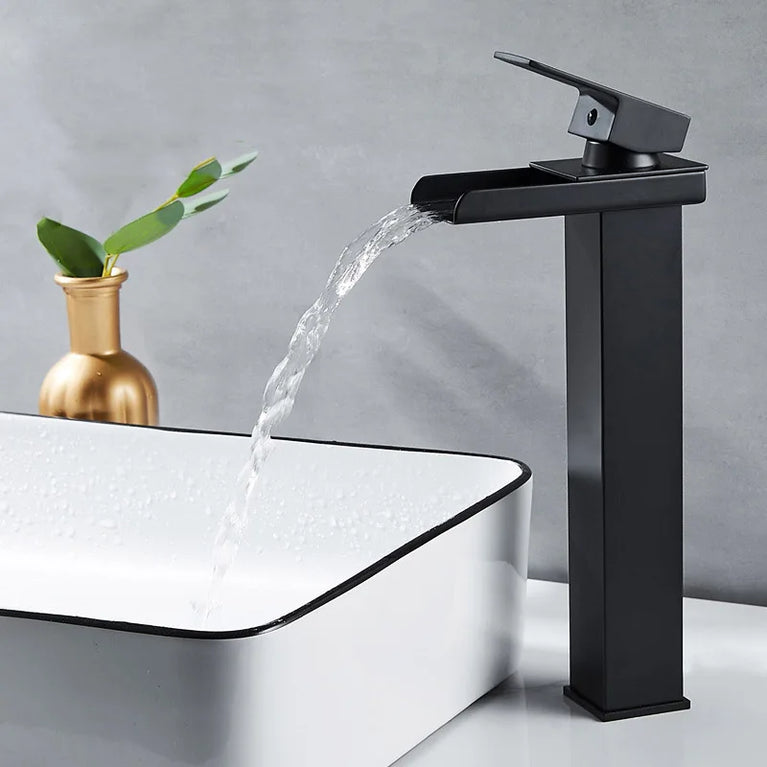 Waterfall Wide-Mouth Stainless Steel Faucet | Contemporary Deck-Mounted Hot & Cold Basin Tap
