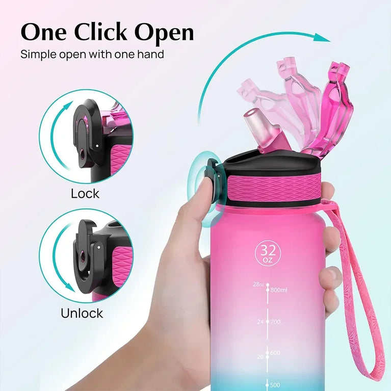 1L Motivational Gradient Sports Waterbottle Straw Leakproof Gym Bottle