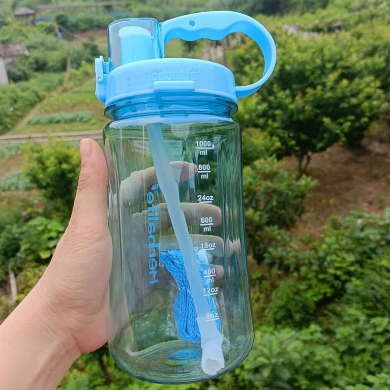 1000ml Transparent Straw Strap Bounce Button Sports Water Bottle 1L Leakproof Handgrip Gym Hydration Bottle