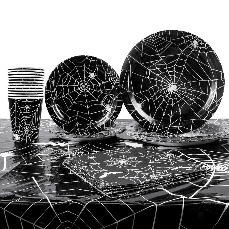 Halloween Spider Web Disposable Tableware Set Black Plates Cups Napkins Party Decoration