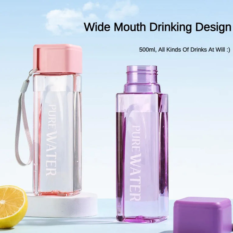 500ML Clear Square Portable Plastic Water Bottle With Rope Carry Design