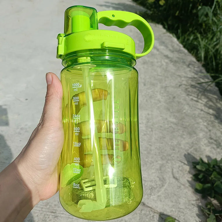1000ml Transparent Straw Strap Bounce Button Sports Water Bottle 1L Leakproof Handgrip Gym Hydration Bottle