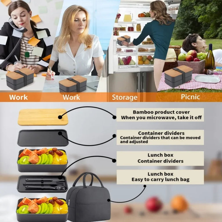 2-Tier Leakproof Bento Lunch Box with Cutlery Microwave Safe Stackable Food Storage Container for Kids and Adults