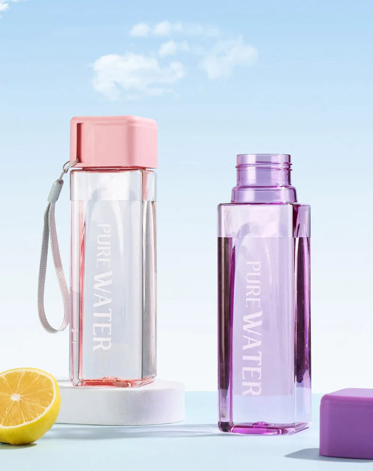 500ml Clear Square Portable Drinking Water Bottle with Rope Leakproof Plastic PC Outdoor Sports Hydration Bottle