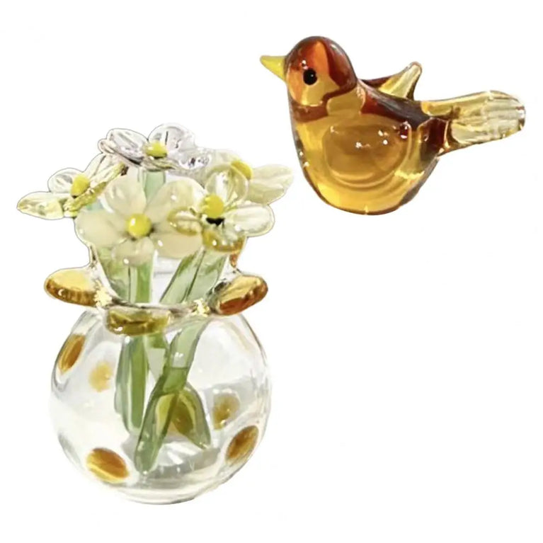 Miniature Hand-Blown Glass Flower Figurine | Exquisite Crystal Bouquet Decor