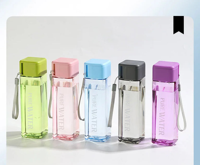 500ML Clear Square Portable Plastic Water Bottle With Rope Carry Design