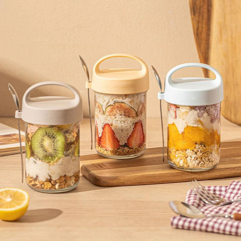 Glass Yogurt Breakfast Cup With Lid Spoon Overnight Oats Container Jar