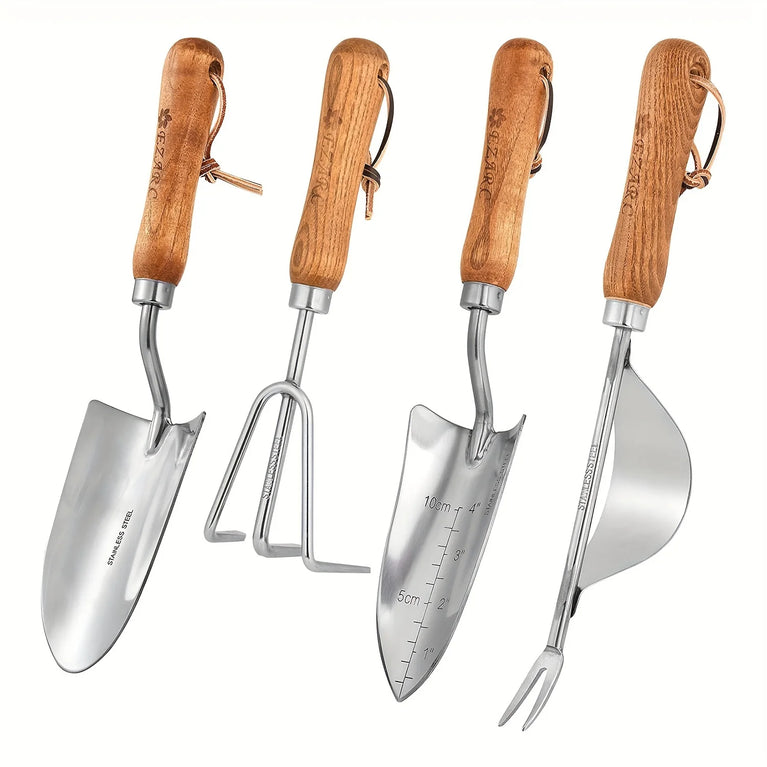 4PCS Heavy Duty Garden Tool Set Stainless Steel Hand Shovel Spade Rake Kit
