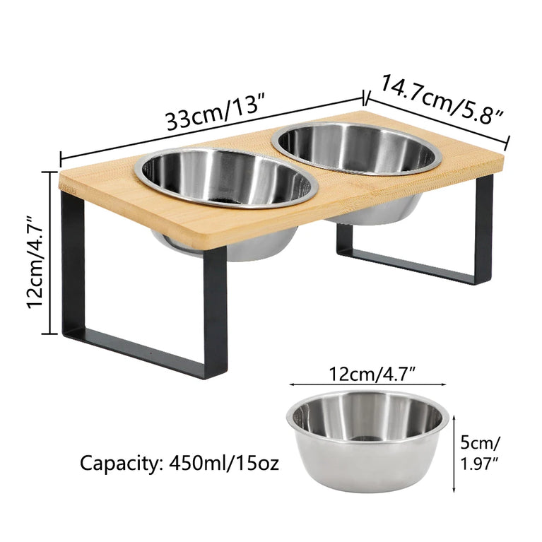 15° Tilted Raised Cat Bowls with Wooden Stand and 3 Steel Dishes