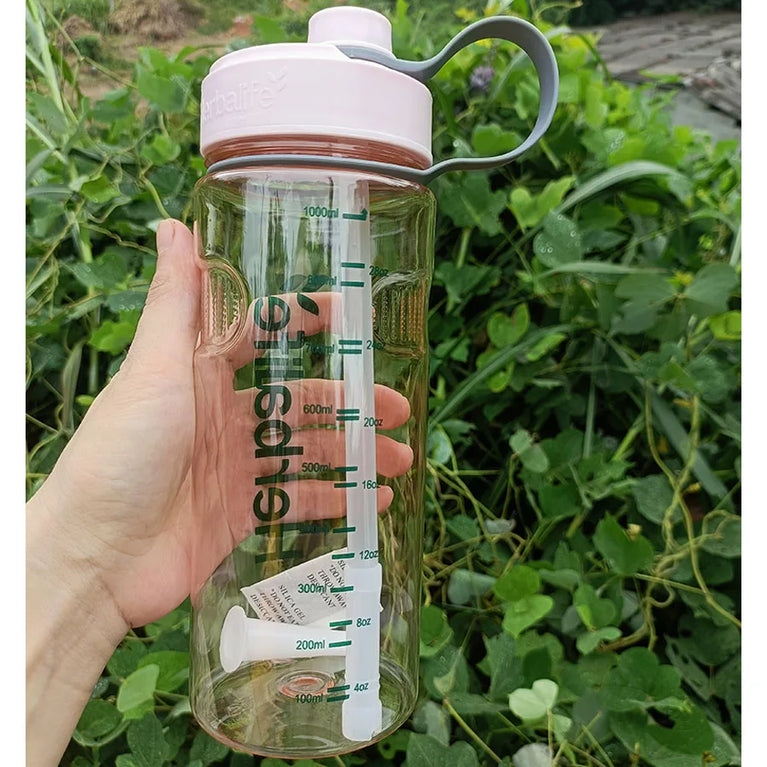 1000ml Transparent Straw Strap Bounce Button Sports Water Bottle 1L Leakproof Handgrip Gym Hydration Bottle